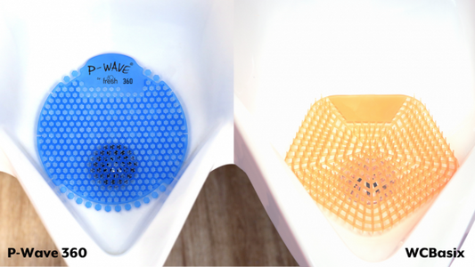 An image showing the new P-Wave 360 & WCBasix urinal screens, side by side in urinals
