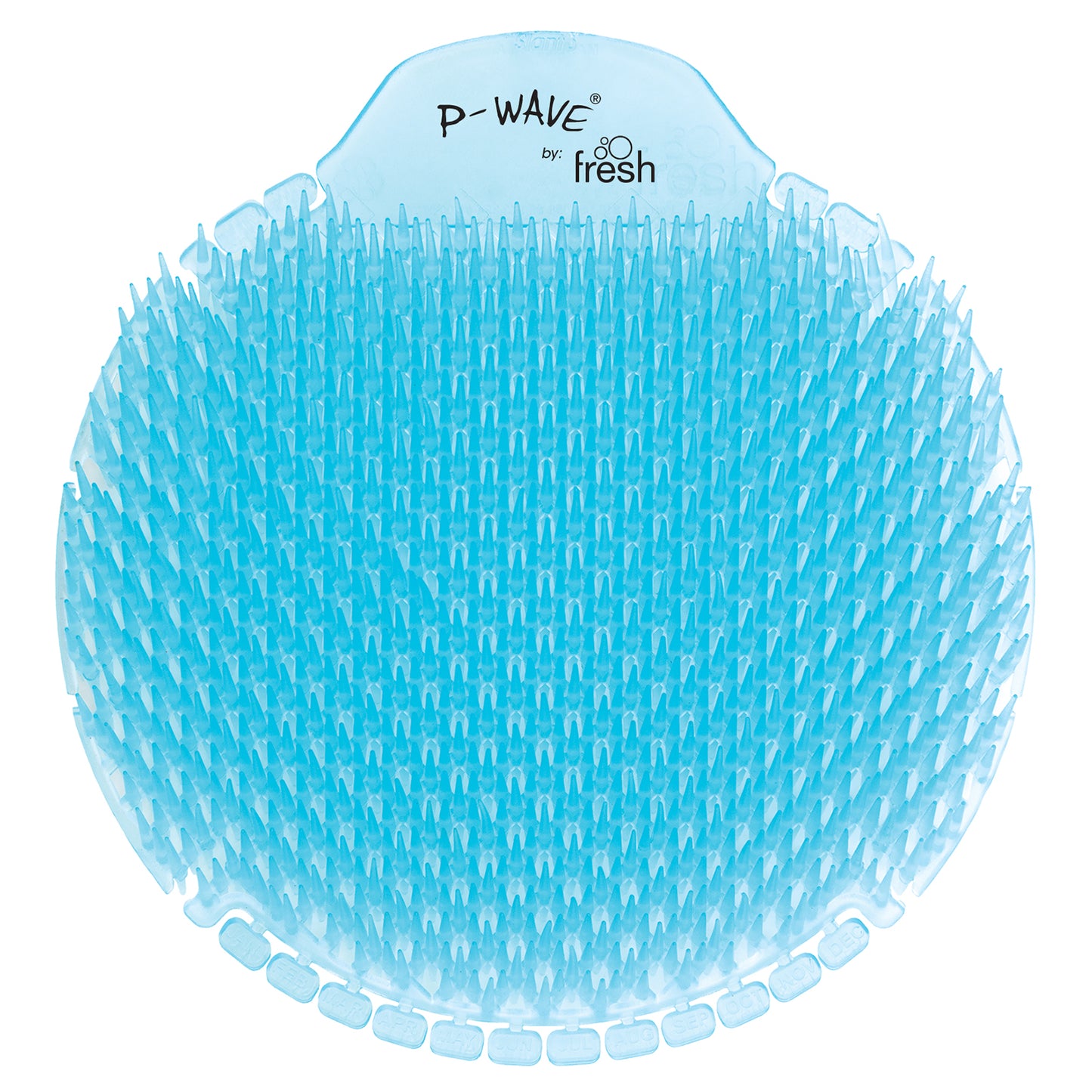 A light blue Ocean Mist P-Wave Slant6 urinal screen on a white background