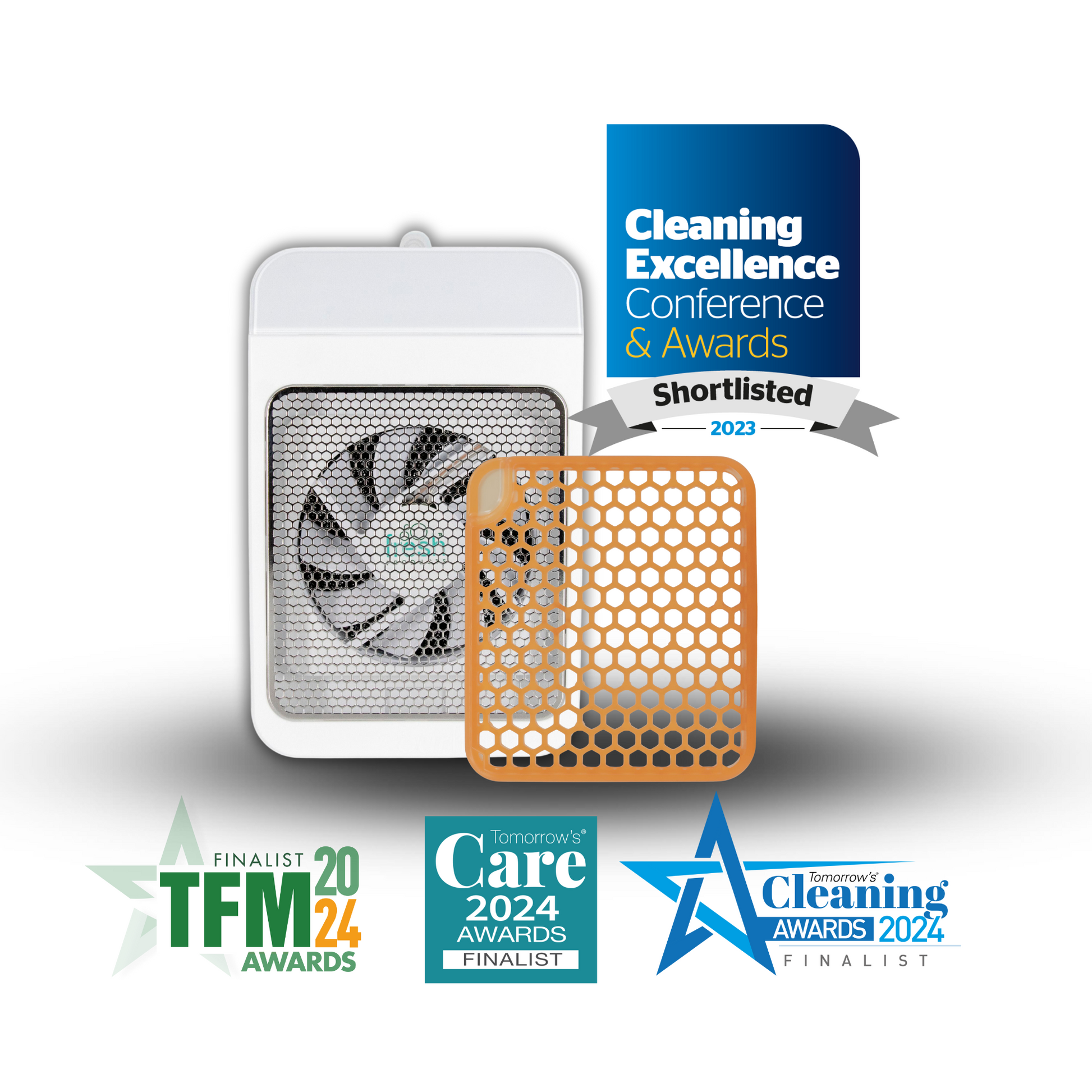An Image showing an OurFreshe dispenser with Cotton Blossom Refill on a white background. A badge showing the product has been shortlisted for the cleaning excellence, Tomorrow's FM, Care & Cleaning Awards finalist are displayed
