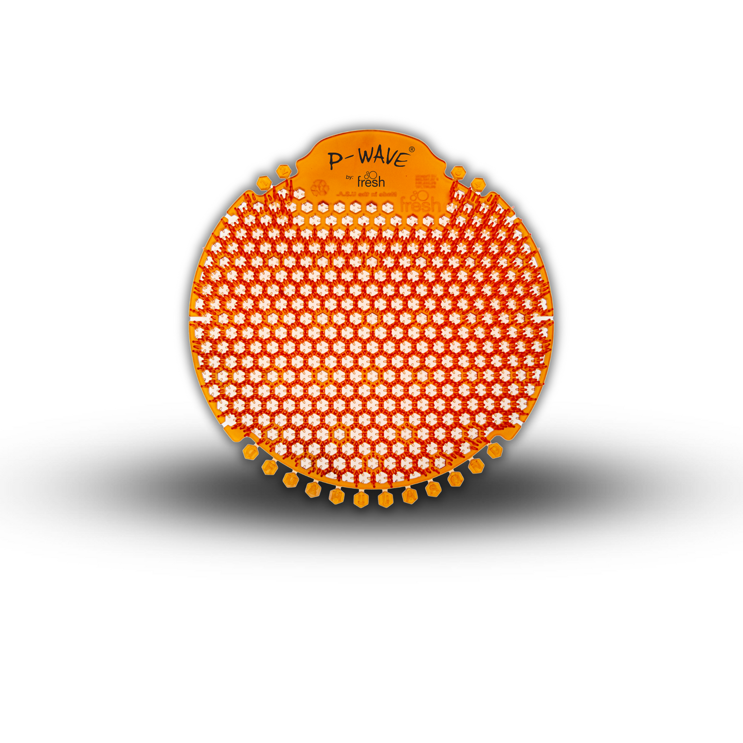 A Mango (orange) P-Wave 360 urinal screen on a white background