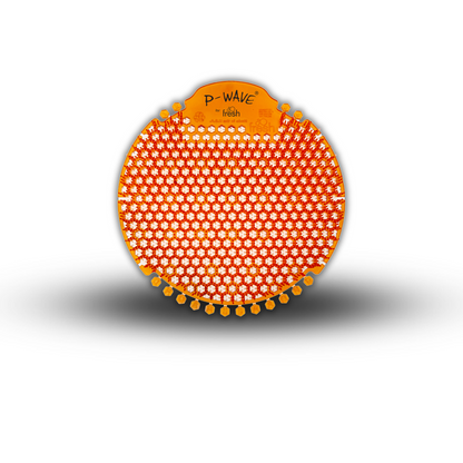 A Mango (orange) P-Wave 360 urinal screen on a white background