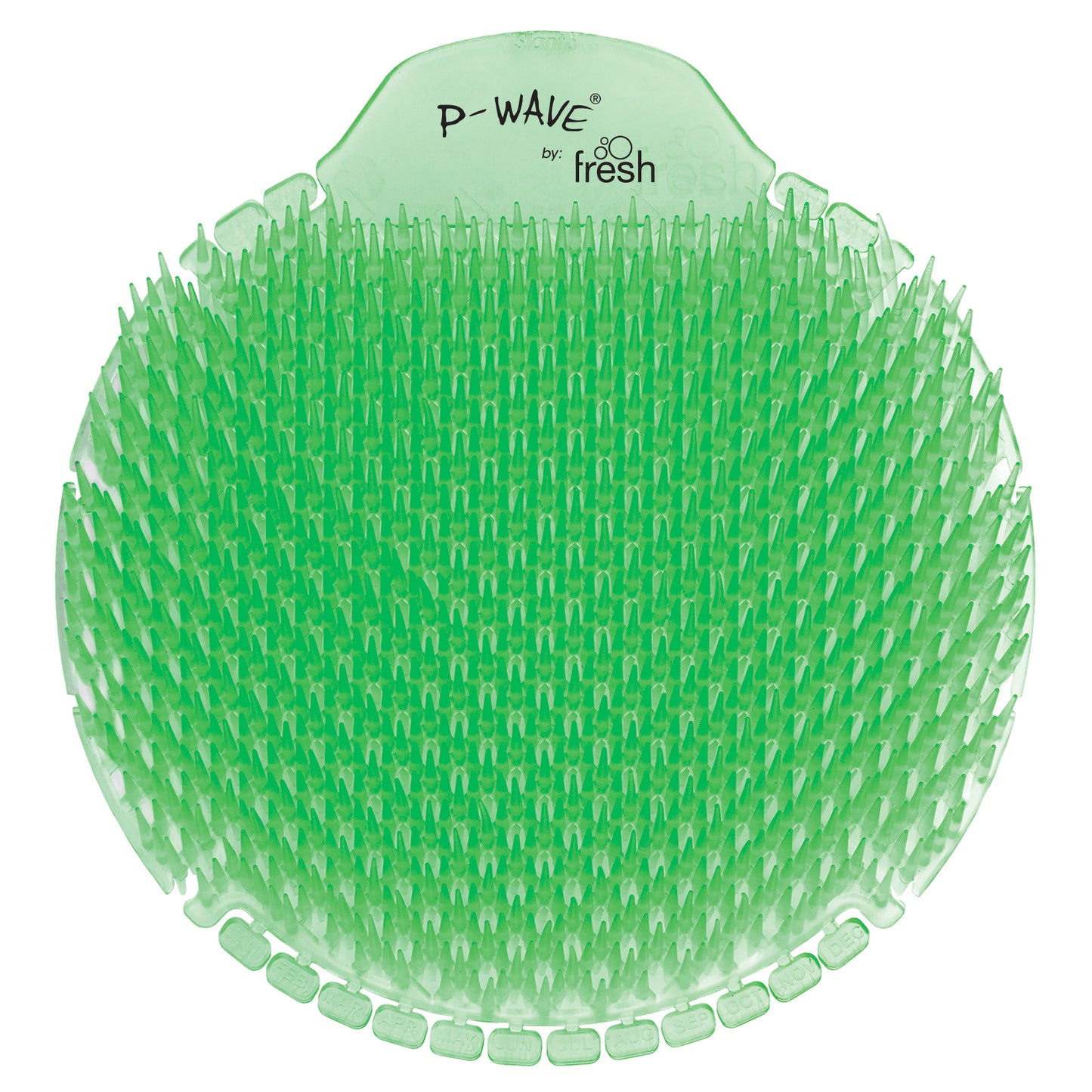 A green Cucumber & Melon P-Wave Slant6 urinal screen on a white background