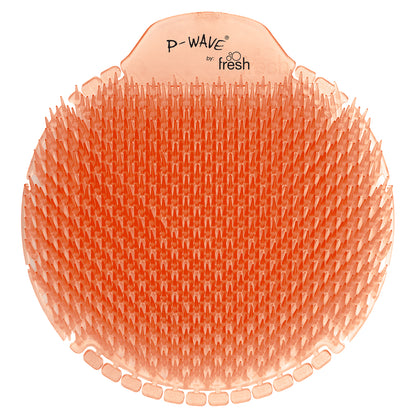 A orange Mango P-Wave Slant6 urinal screen on a white background