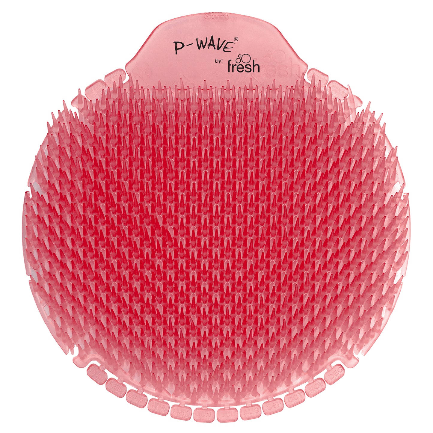 A red Spiced Apple P-Wave Slant6 urinal screen on a white background