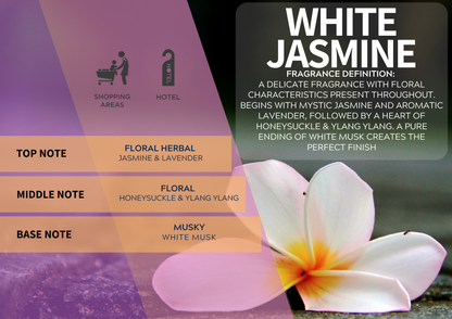 An image describing White jasmine fragrance : A DELICATE FRAGRANCE WITH FLORAL CHARACTERISTICS PRESENT THROUGHOUT. BEGINS WITH MYSTIC JASMINE AND AROMATIC LAVENDER, FOLLOWED BY A HEART OF HONEYSUCKLE & YLANG YLANG. A PURE ENDING OF WHITE MUSK CREATES THE PERFECT FINISH