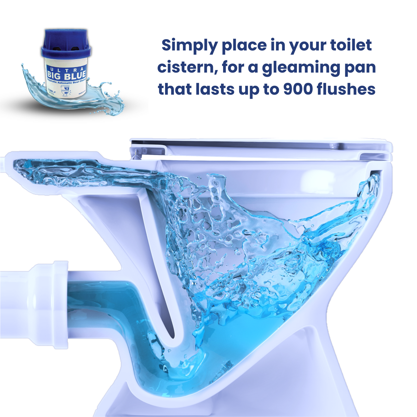 Side profile of a toilet showing blue water swirling around. Inset image of Ultra Big Blue and the text "Simply place in your toilet cistern, for a gleaming pan that lasts up to 900 flushes."