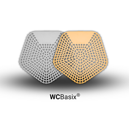 Image showing Fresh Linen (Clear) & Mango Mist (Orange) WCBasix urinal screens on a white background