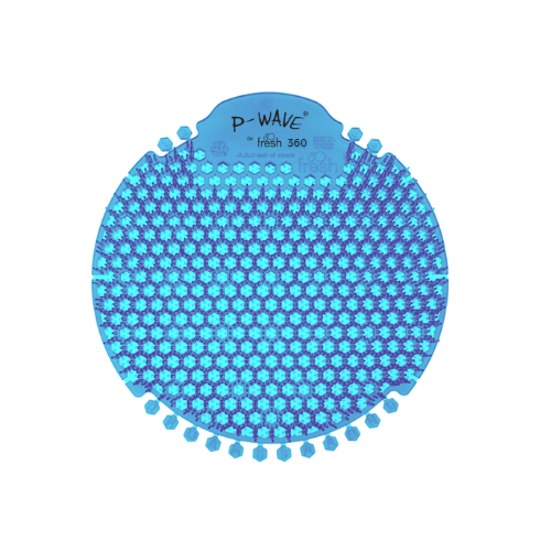 A Cotton Blossom (blue) P-Wave 360 urinal screen on a white background