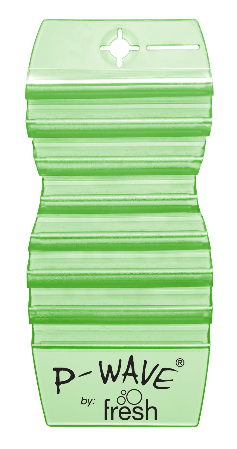 A green Cucumber & Melon fragranced P-Wave Hang Tag Air Freshener on a white background