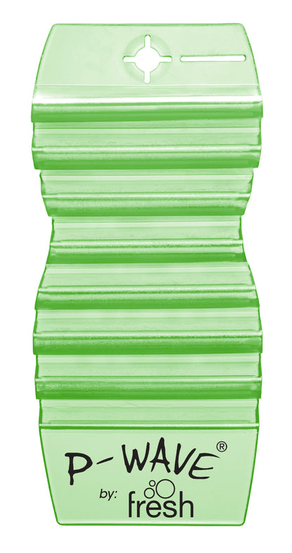 A green Cucumber & Melon fragranced P-Wave Hang Tag Air Freshener on a white background